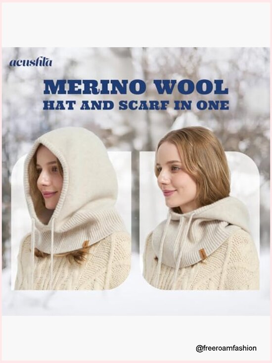 Unisex 100% Merino Wool Winter Balaclava Hooded Scarf Hat main image 5